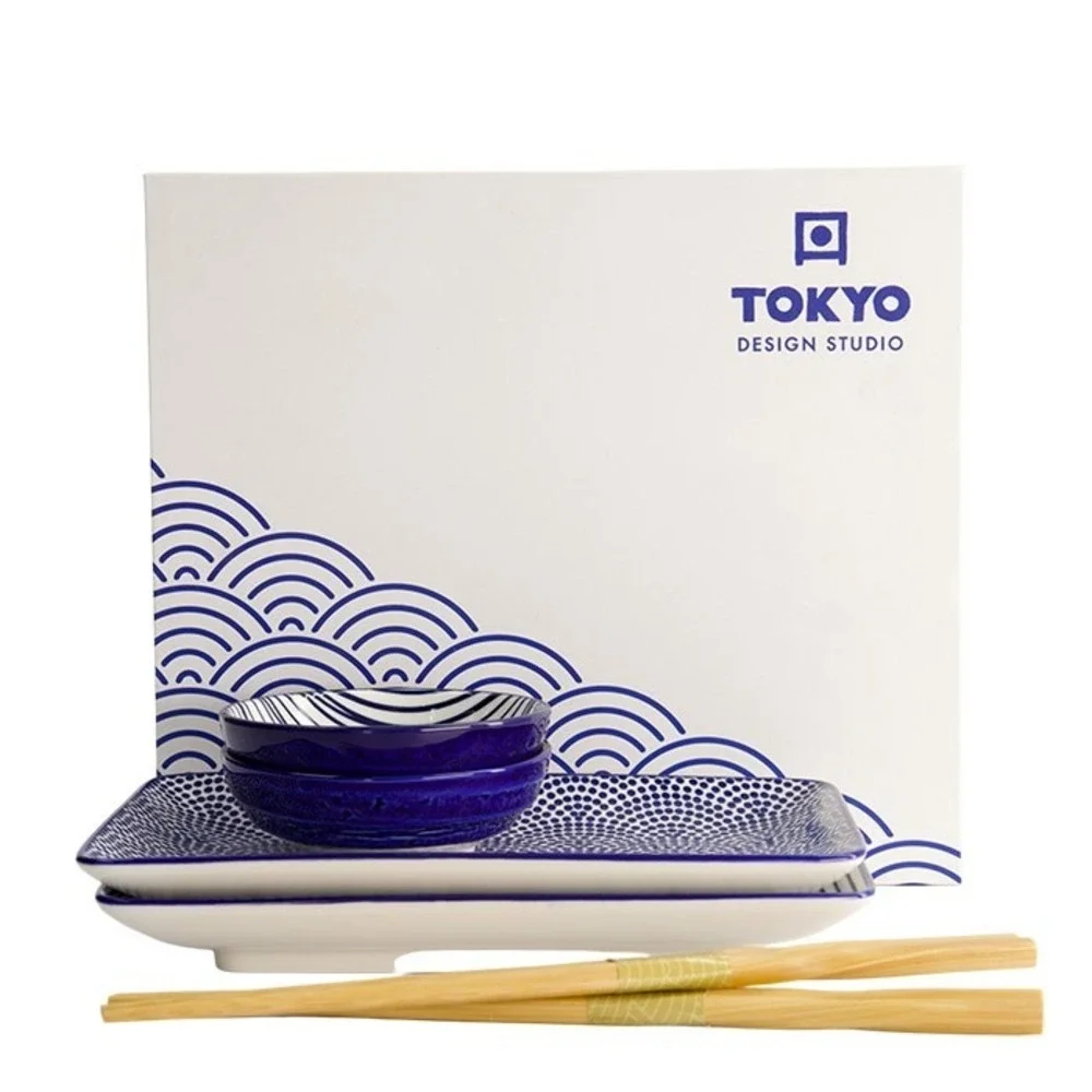 Tokyo Design Studio Sushi Set for 2 Nippon Blue Porcelain Handmade 6 Pcs Giftbox